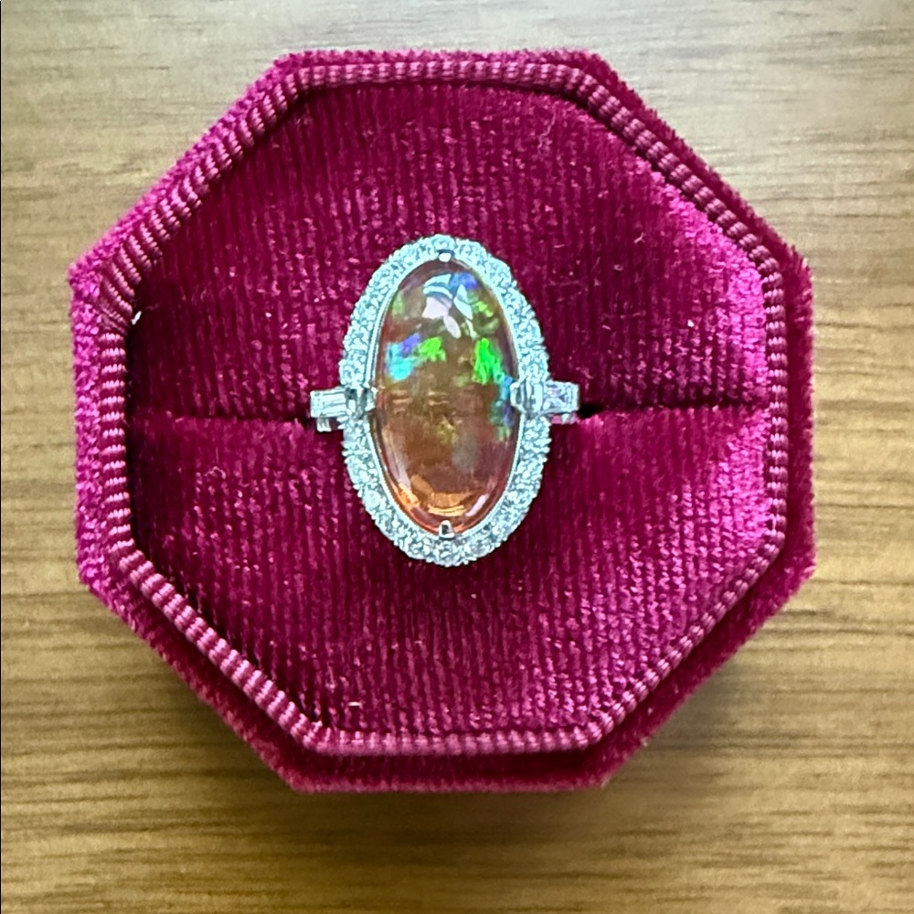Fire Opal Halo Cocktail Ring. Platinum, size 7